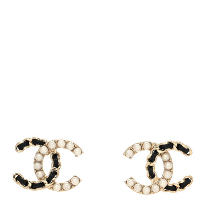 Chanel Pearl Lambskin Chain CC Stud Earrings Gold Black 1 of 4