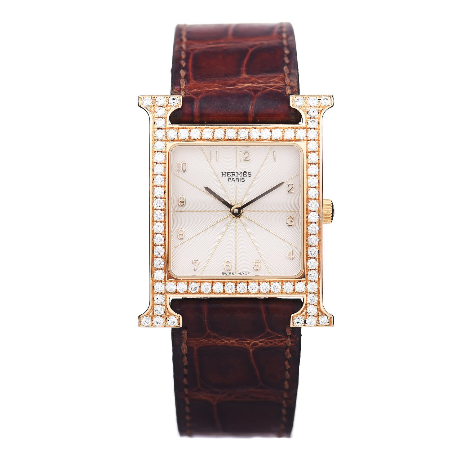 Hermes 18K Yellow Gold Alligator Diamond Bezel 26mm Heure H Hour Quartz Watch Brown 1 of 4