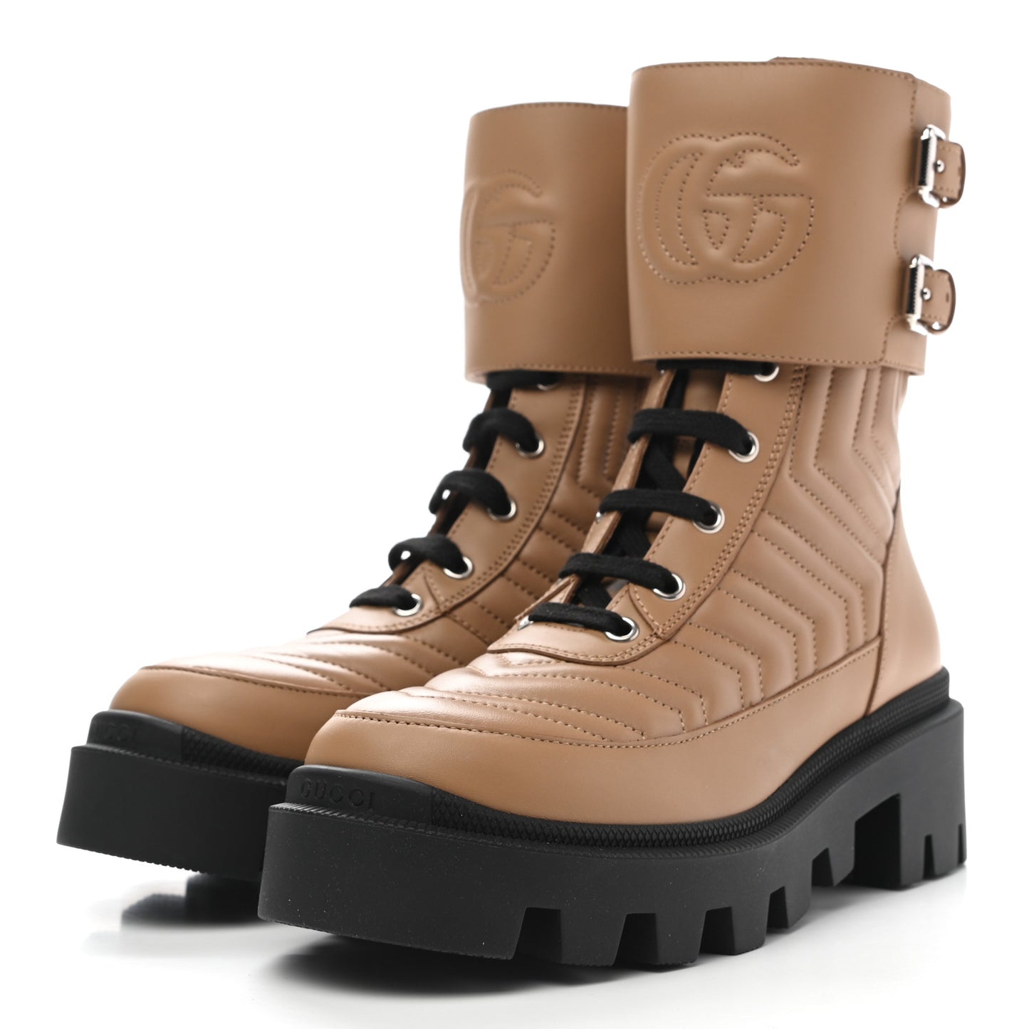 Nappa Frances GG Matelasse Platform Combat Boots 35.5 Natural Tan