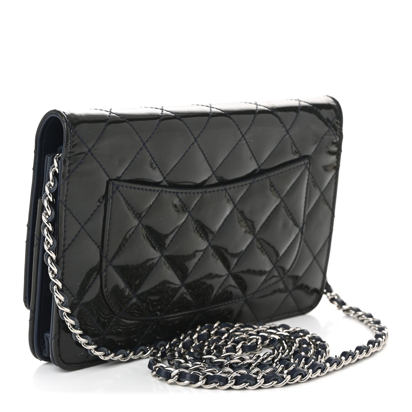Patent Quilted Wallet On Chain WOC Navy Blue