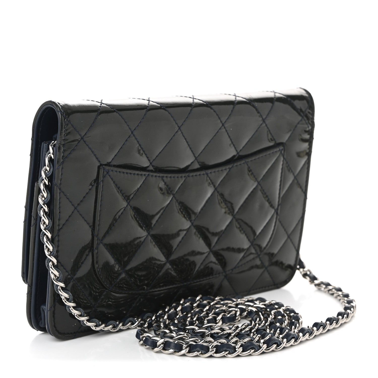 Chanel Patent Quilted Wallet On Chain WOC Navy Blue 5 of 21