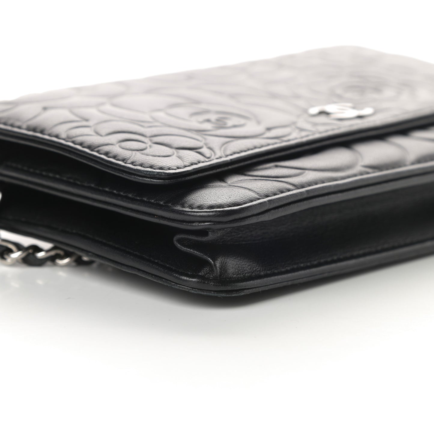 Lambskin Camellia Embossed Wallet on Chain WOC Black