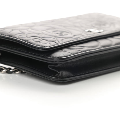 Chanel Lambskin Camellia Embossed Wallet on Chain WOC Black 10 of 13