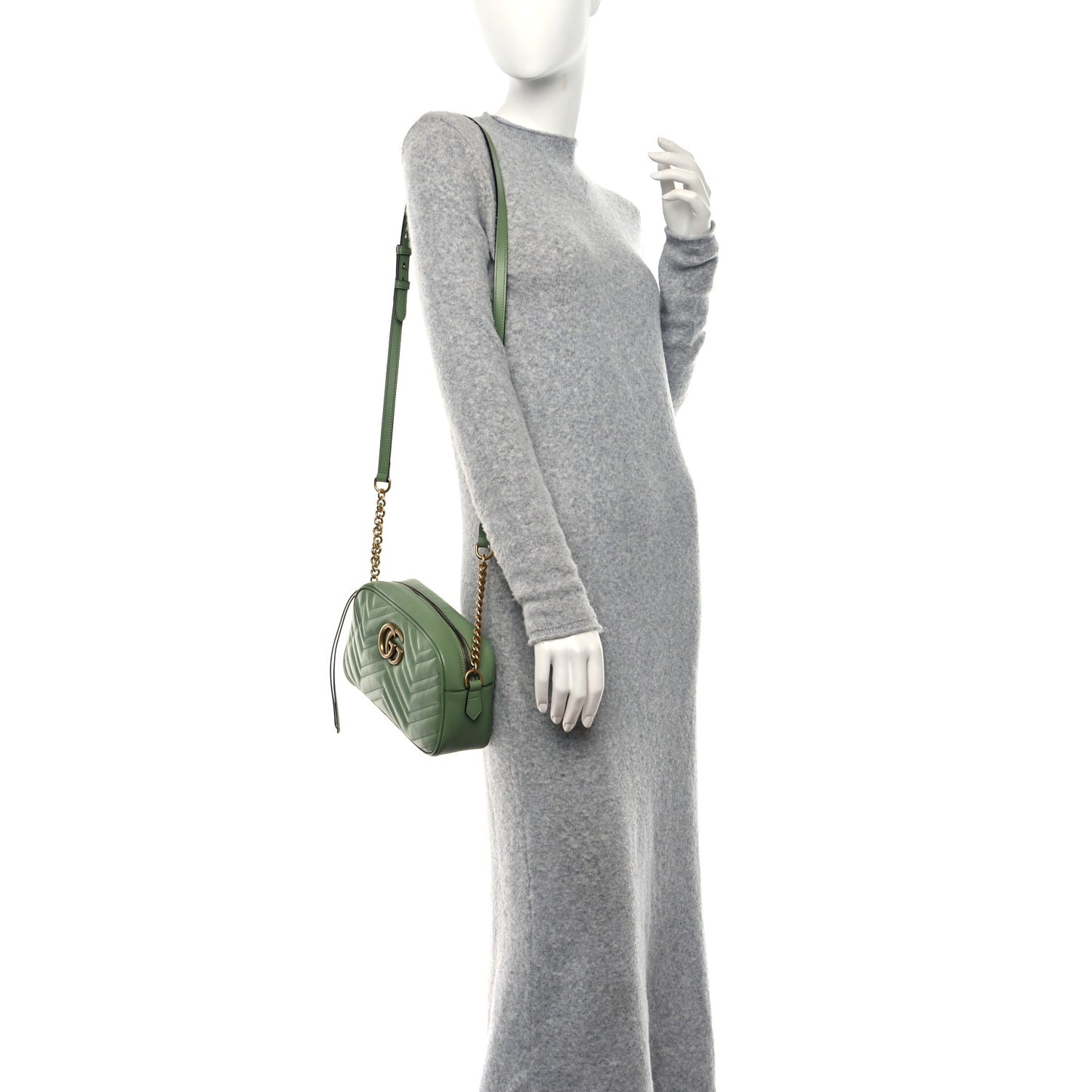 Calfskin Matelasse Chevron Small GG Marmont Chain Shoulder Bag Salamander Green