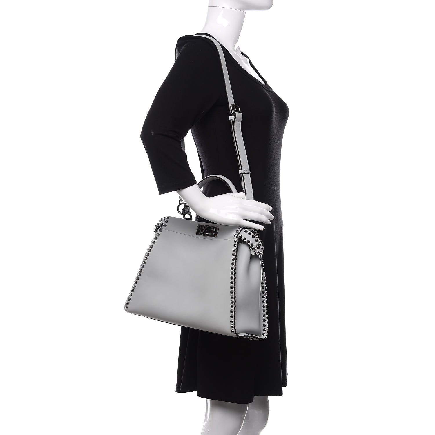 Fendi Vitello Seta Shiny Nappa Scalloped Studded Medium Peekaboo Iconic Satchel Grigio Perla 2 of 13