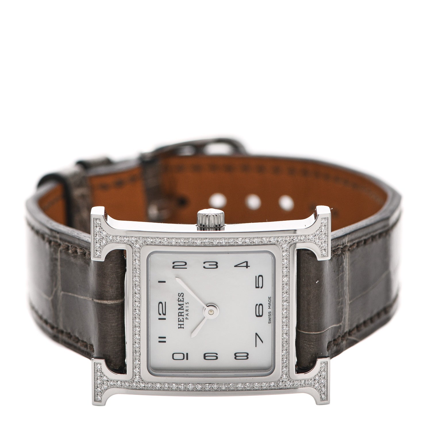 Hermes Stainless Steel Alligator Diamond Bezel Mother of Pearl 21mm Heure H Hour Quartz Watch Gris Elephant 2 of 5