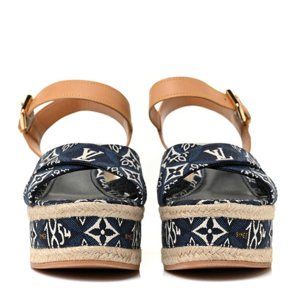 Louis Vuitton Jacquard Calfskin Since 1854 Boundary Wedge Sandals 37.5 Blue 2 of 7