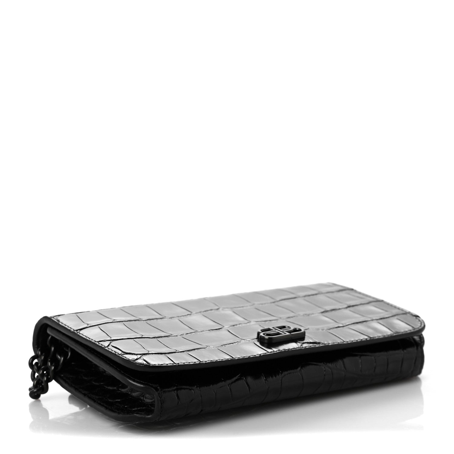 Balenciaga Shiny Calfskin Crocodile Embossed BB Phone Holder Wallet On Chain Black 3 of 8