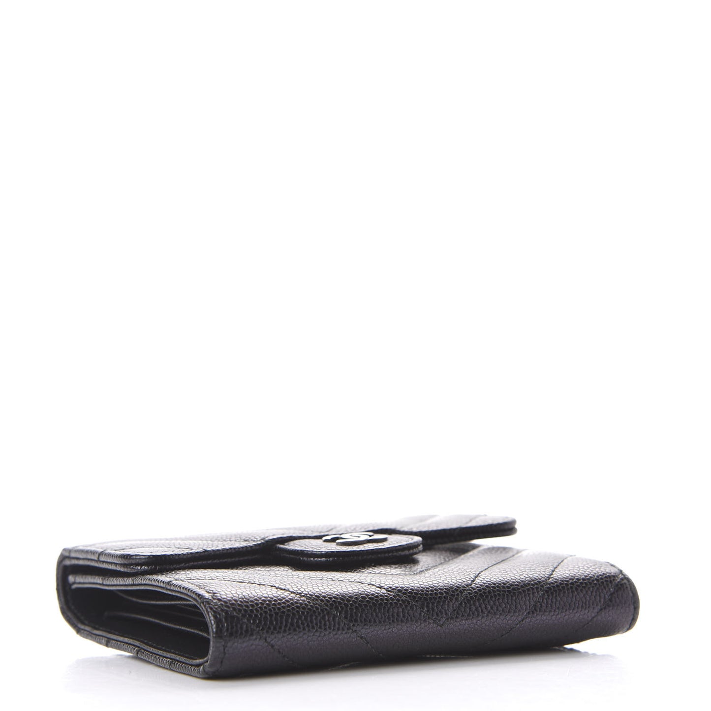 Iridescent Caviar Chevron Quilted Compact Flap Wallet Black