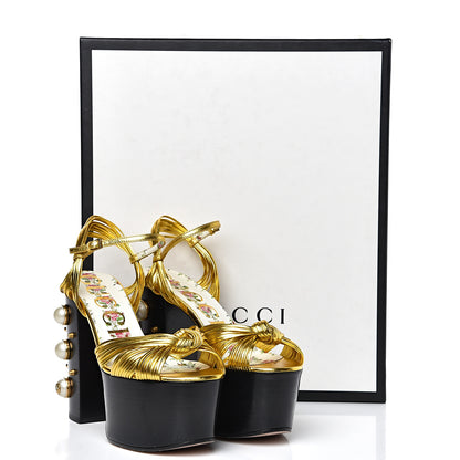 Gucci Malaga Kid Pearl Knot Platform Sandals 37 Black Gold 11 of 11
