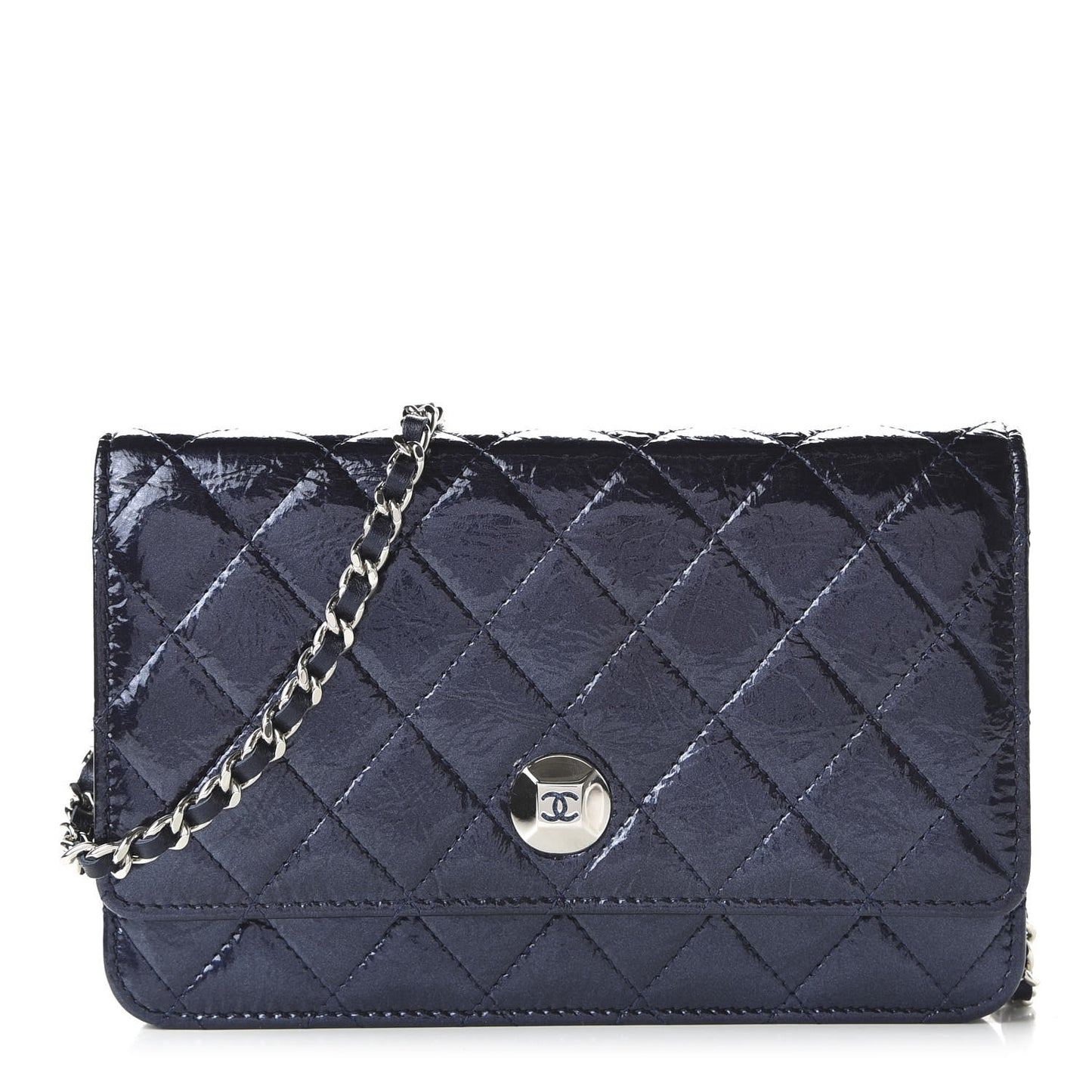 Patent Metallic Crumpled Calfskin Quilted Wallet On Chain WOC Navy