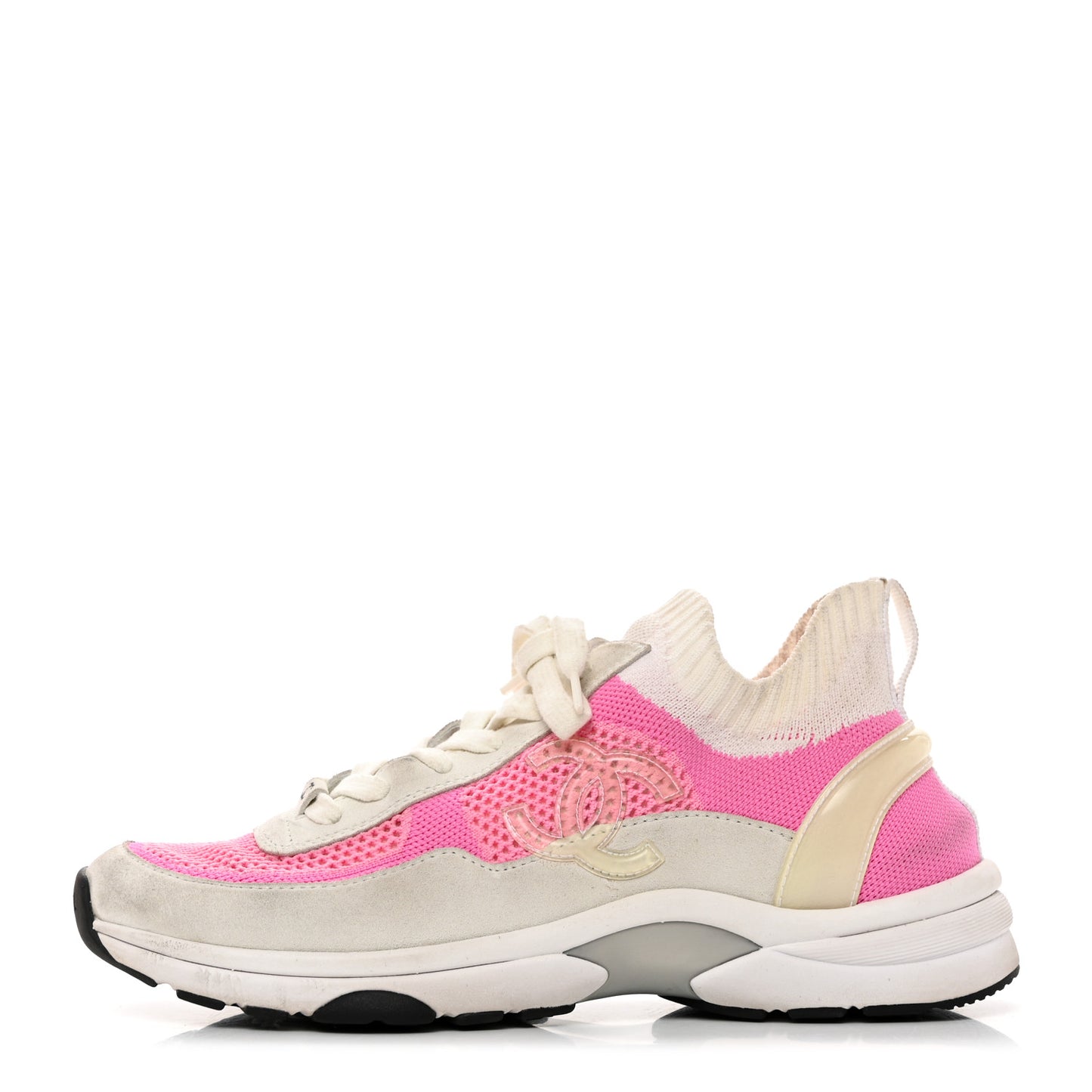 Fabric Suede Calfskin Stretch CC Sneakers 39.5 White Pink