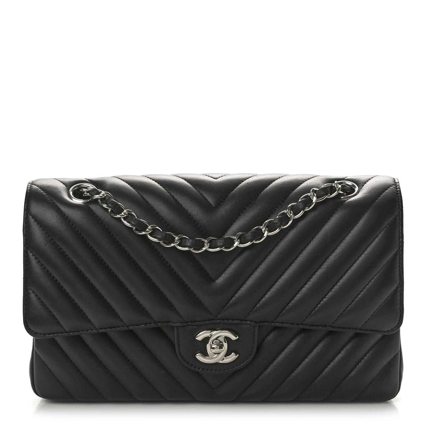 Lambskin Chevron Quilted Medium Double Flap Black