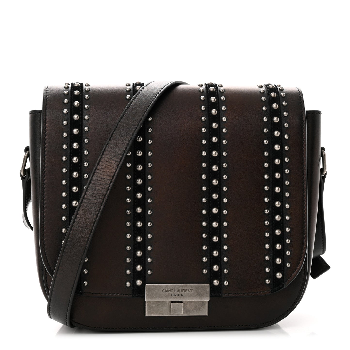 Smooth Calfskin Suede Betty Stud Stripe Flap Messenger Black