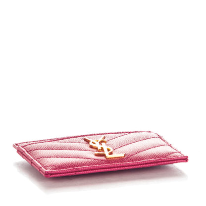 Saint Laurent Grain De Poudre Matelasse Chevron Monogram Credit Card Case Lipstick Fuchsia 4 of 7