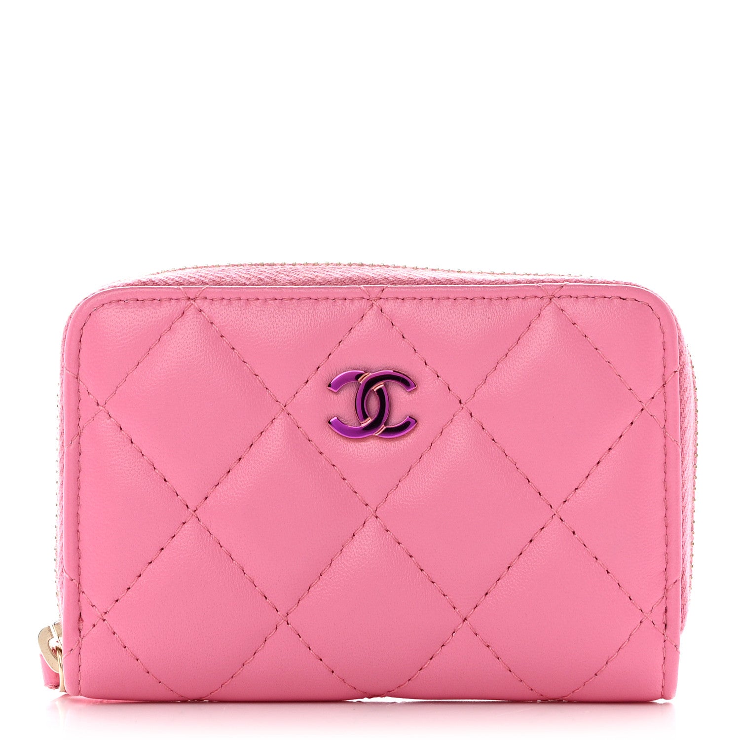 Chanel Lambskin Quilted Zip Around Coin Purse Wallet Pink Yellow 1 of 8