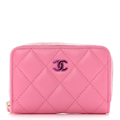 Chanel Lambskin Quilted Zip Around Coin Purse Wallet Pink Yellow 1 of 8