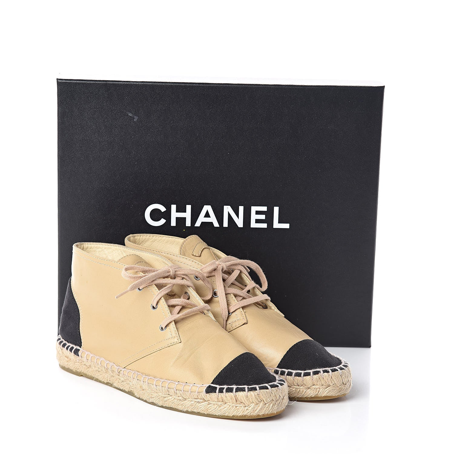 Chanel Lambskin Canvas Cap Toe Lace Up Espadrilles 38 Dark Beige Black 8 of 8