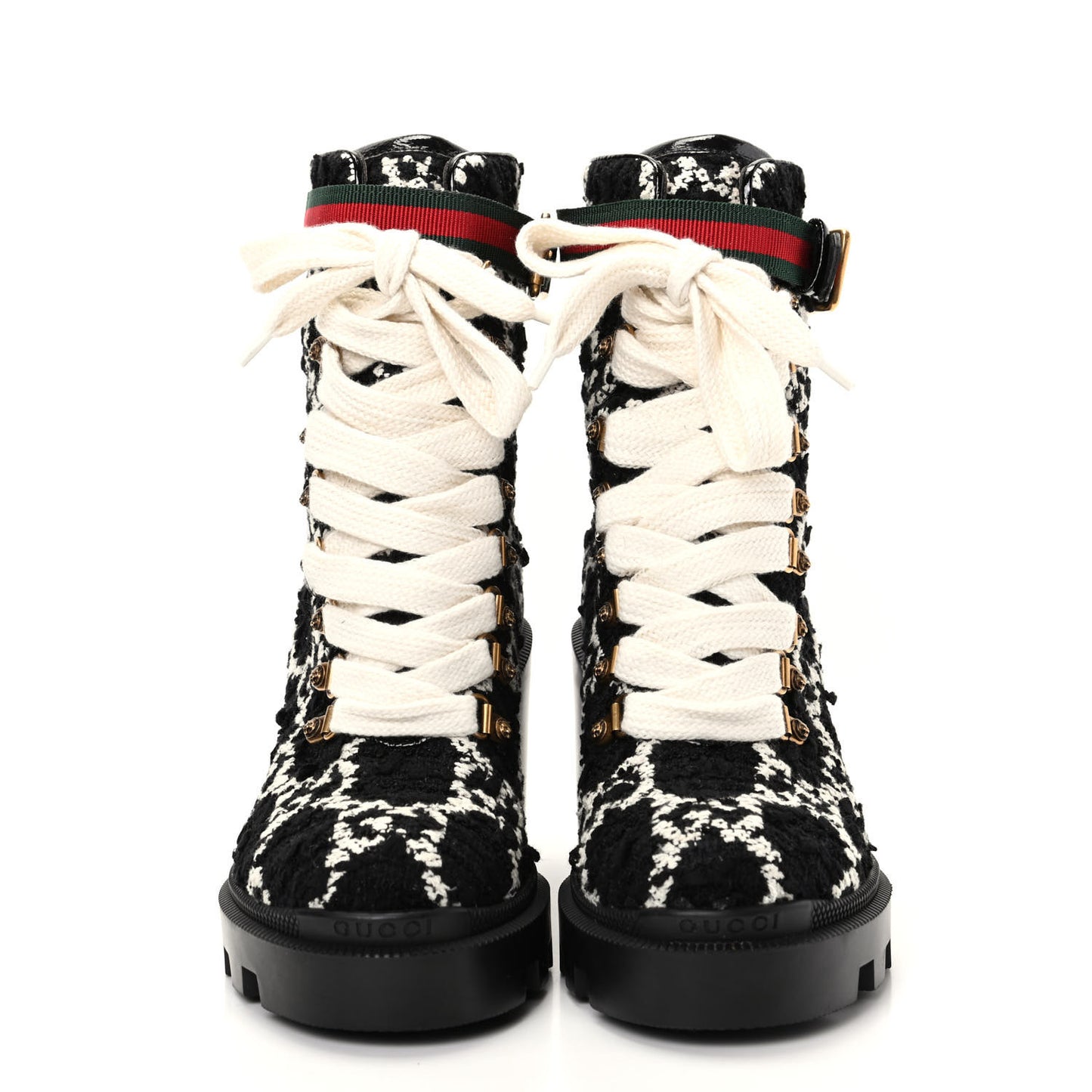 Tweed GG Monogram Lace Up Combat Ankle Boots 36.5 Black