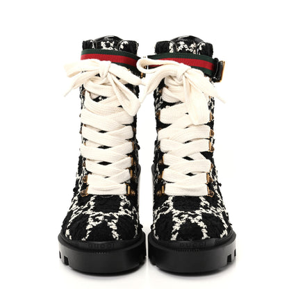 Gucci Tweed GG Monogram Lace Up Combat Ankle Boots 36.5 Black 2 of 10