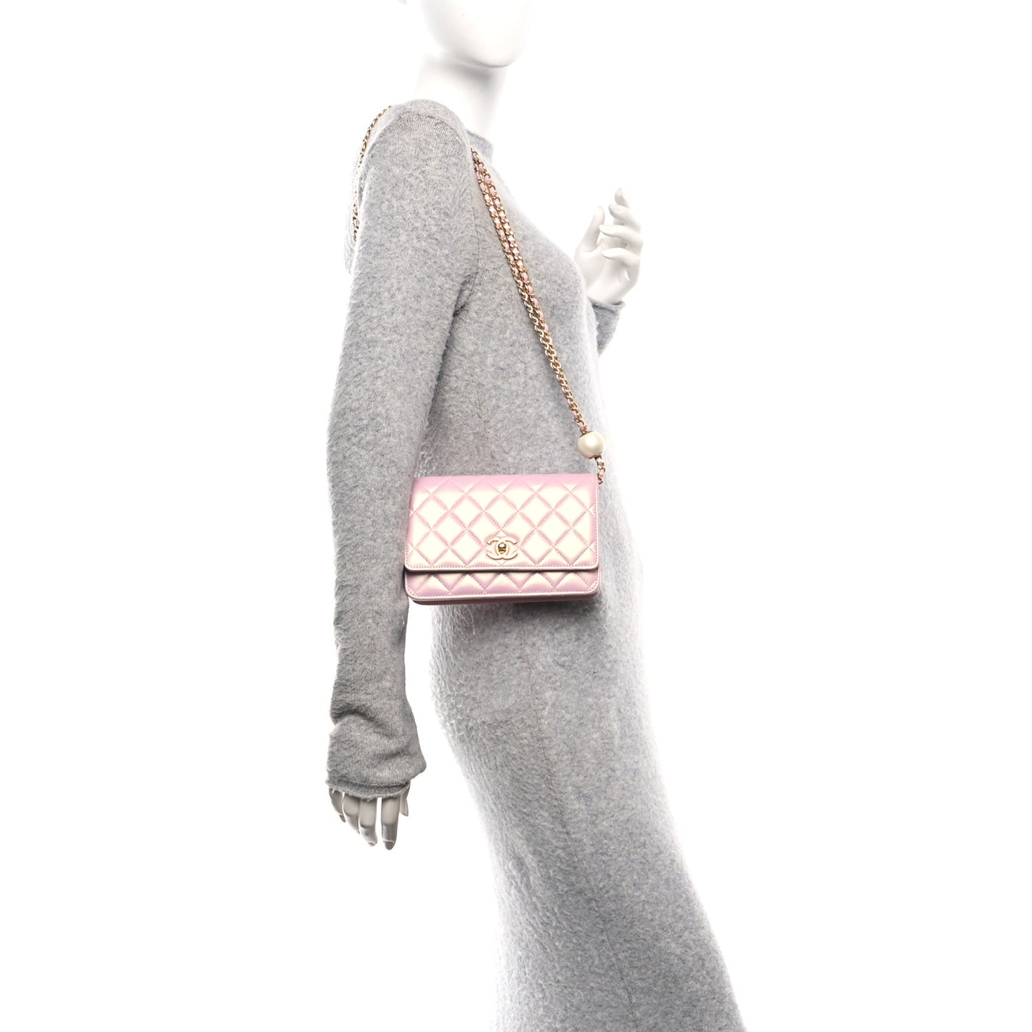 Iridescent Lambskin Quilted CC Pearl Wallet on Chain WOC Pink