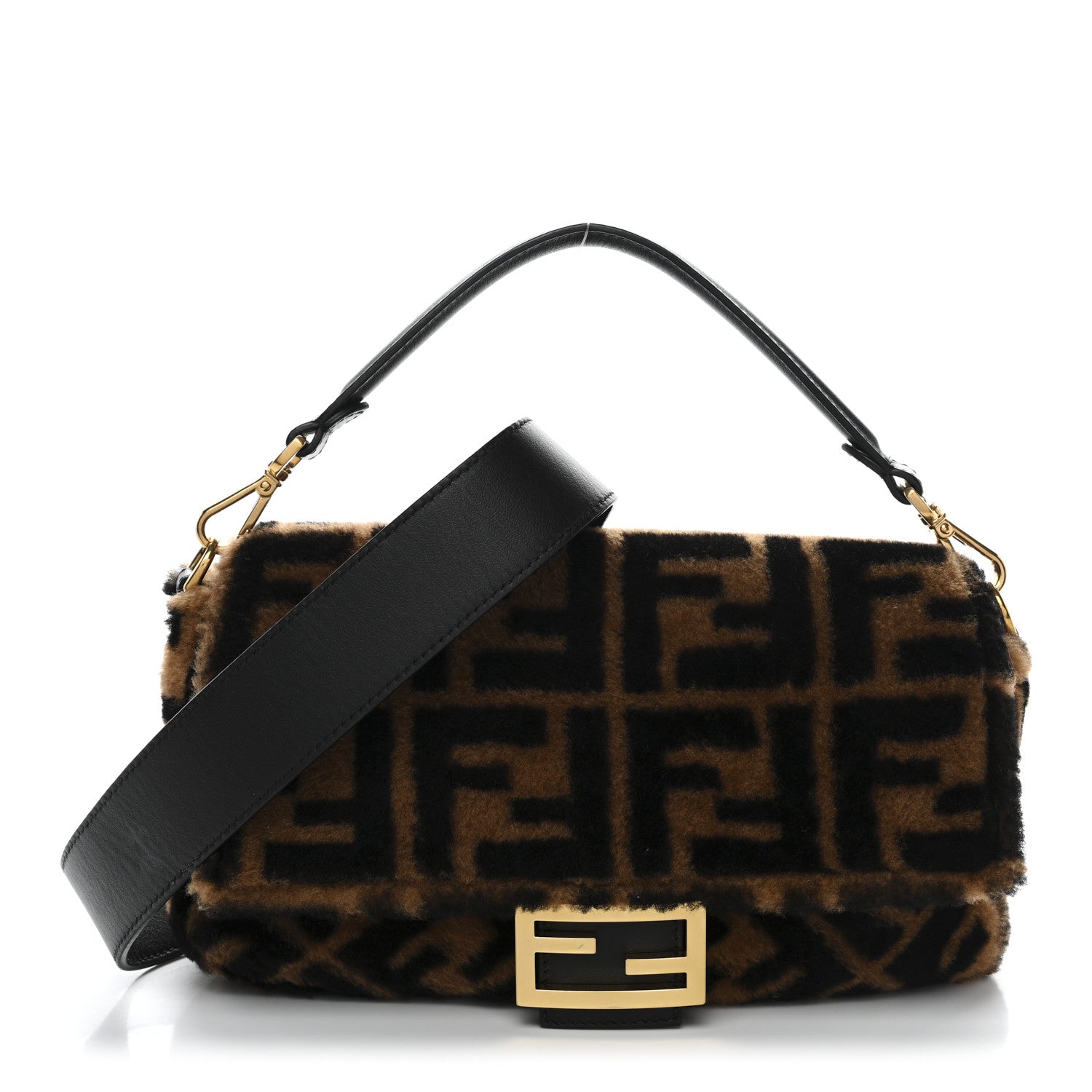 Fendi Shearling Vitello Dolce Macro FF 1974 Baguette Tobacco Black 1 of 9