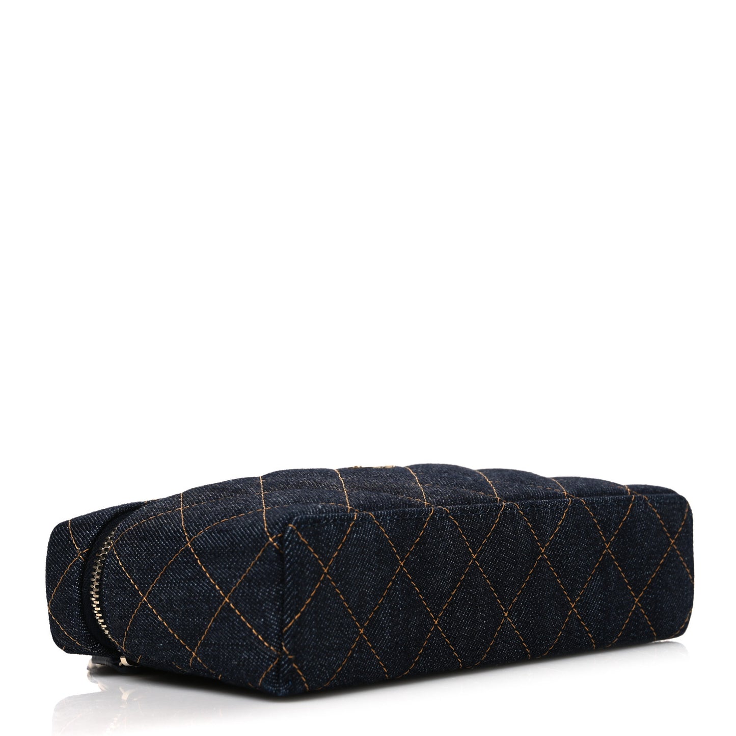 Denim Quilted Top Handle Slim Vanity Case With Chain Dark Blue Orange