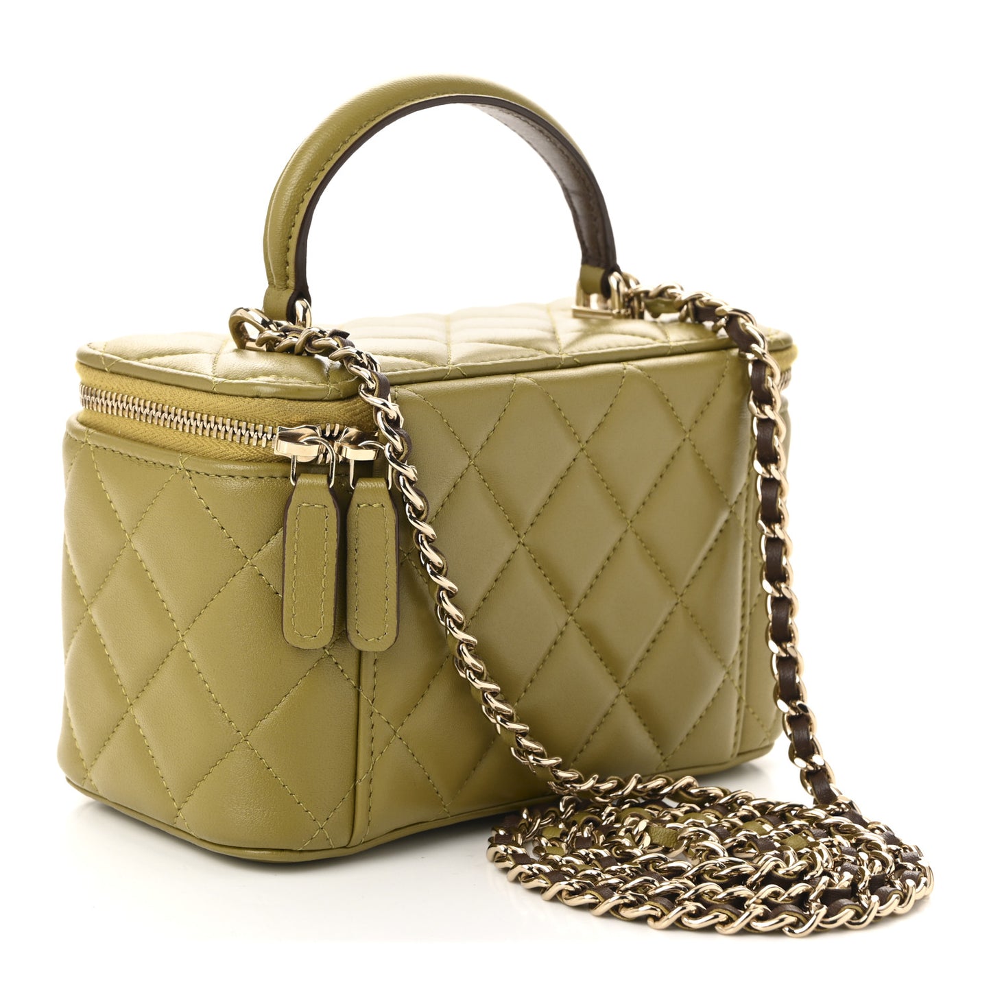 Lambskin Quilted Small Top Handle Vanity Case With Chain Green Brown