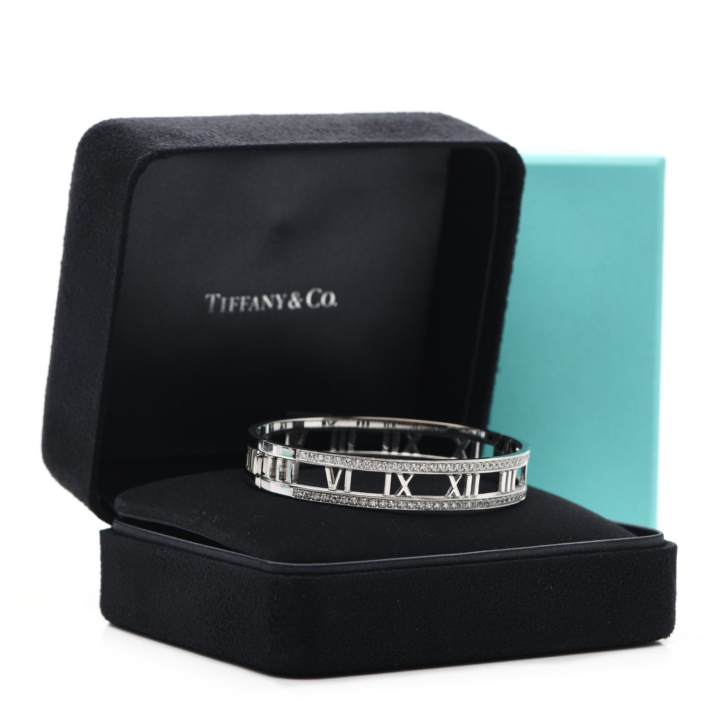 18K White Gold Diamond Atlas Open Hinged Bangle Bracelet