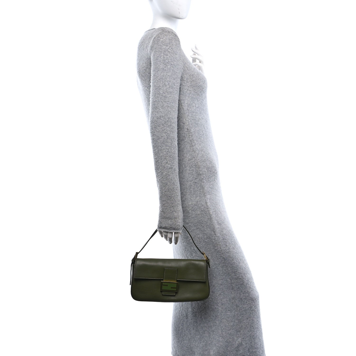 Fendi Vitello Flamingo Enamel Interchangeable Strap Baguette Verde Oliva 2 of 12