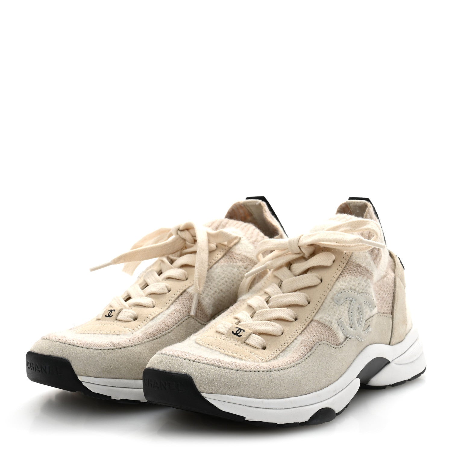 Chanel Knit Fabric Suede Calfskin Womens CC Sneakers 37 Ivory 4 of 10