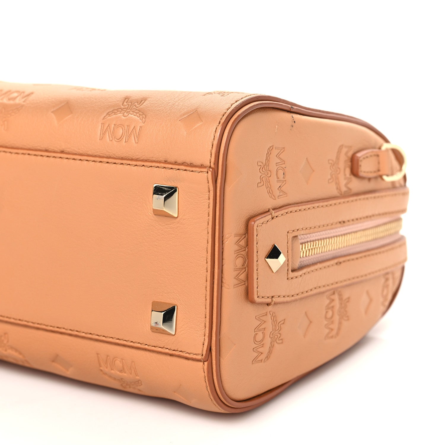 MCM Calfskin Ottomar Monogram Small Essential Boston Bag Sandstone 10 of 14