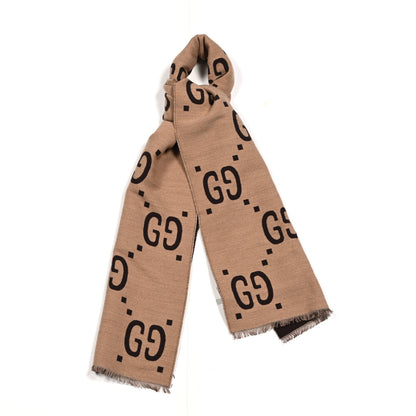 Gucci Wool Silk Monogram Jumbo GG Freedom Scarf Dark Brown Beige 1 of 4