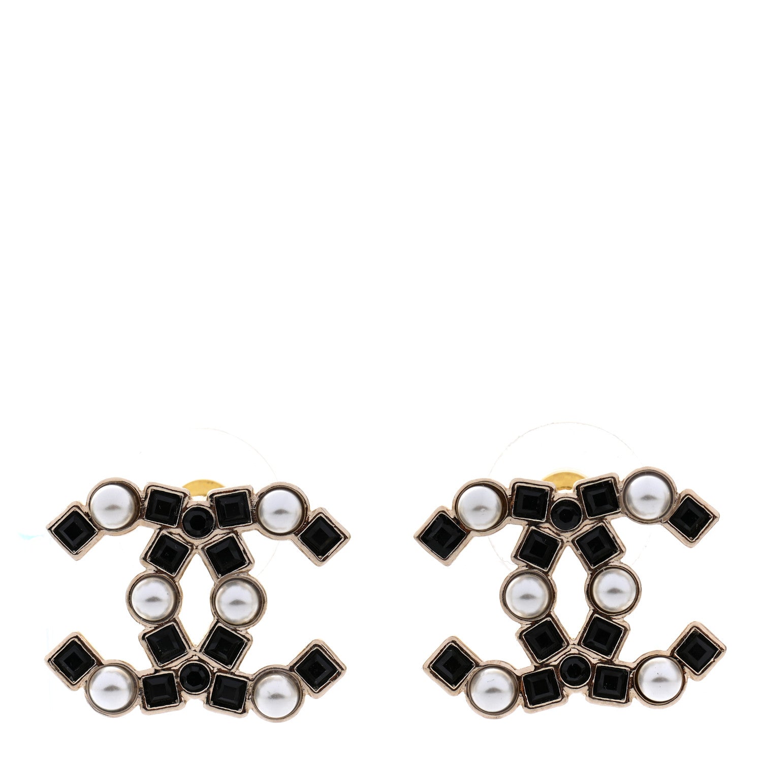 Chanel Pearl Crystal CC Earrings Gold Black 1 of 4