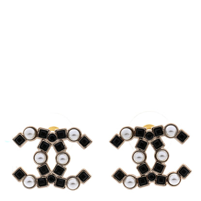 Chanel Pearl Crystal CC Earrings Gold Black 1 of 4