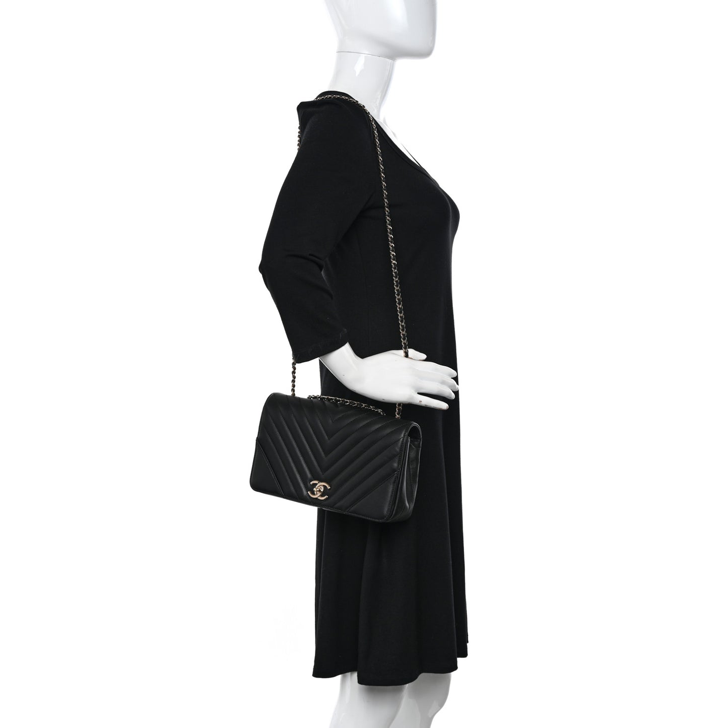 Calfskin Chevron Quilted Medium Statement Flap Black
