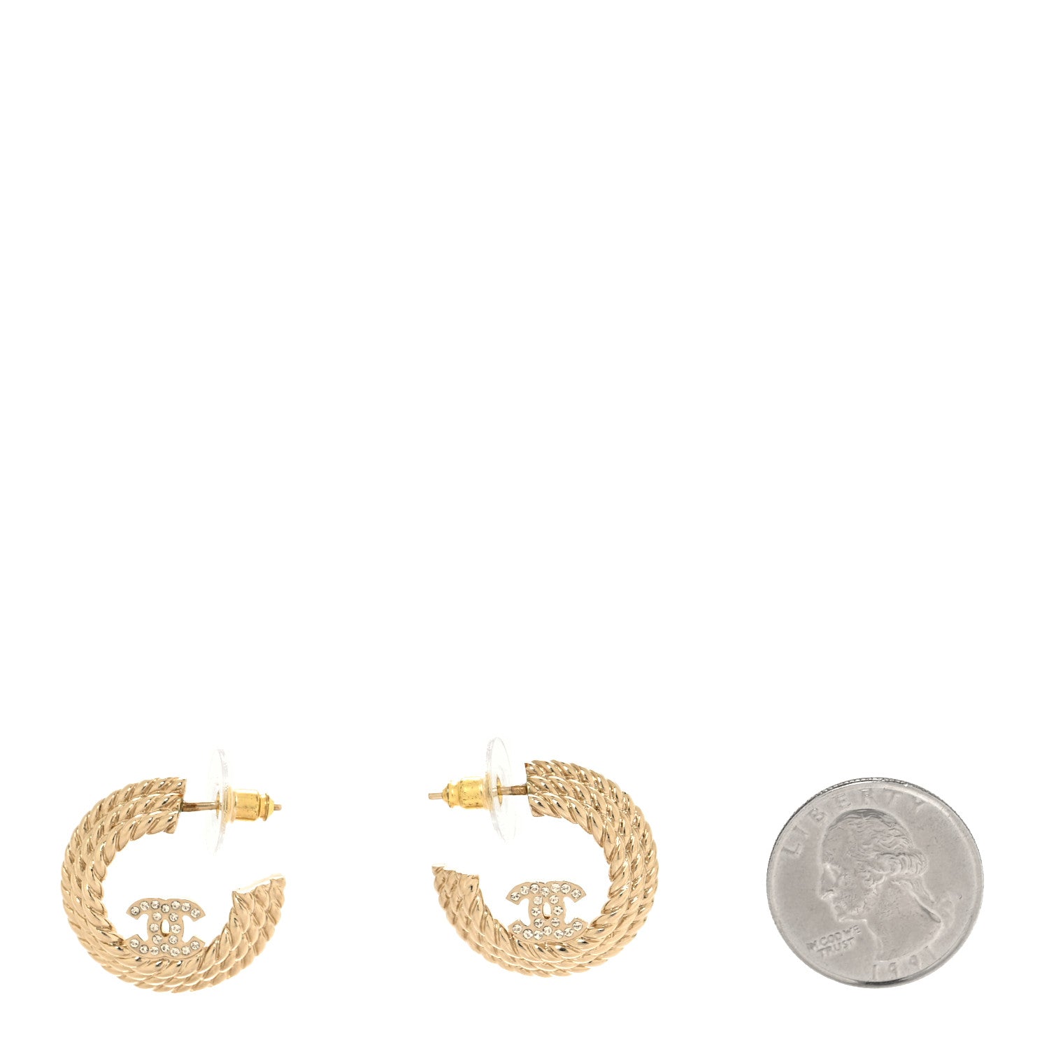 Chanel Metal Crystal CC Rope Hoop Earrings Gold 2 of 5