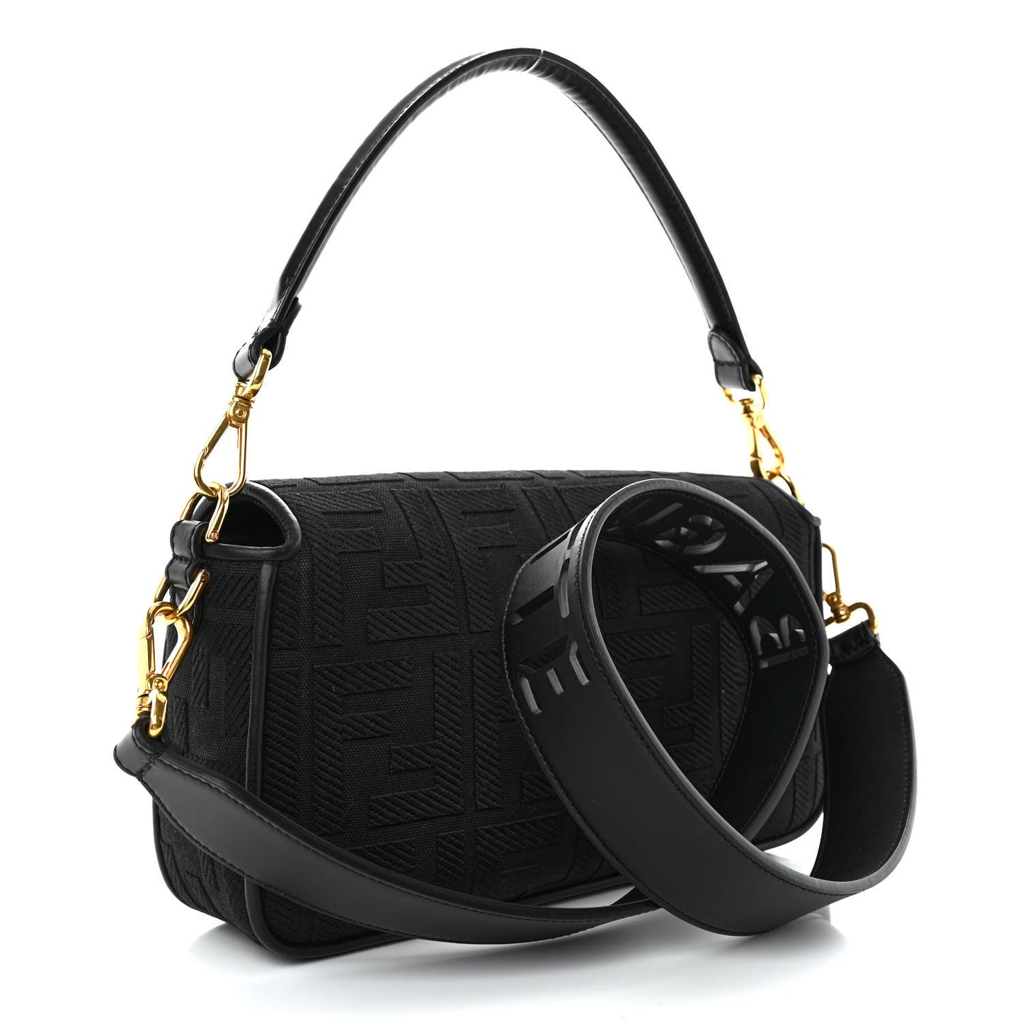 Canvas Vitello King Extra Strap FF Embroidered Baguette Black