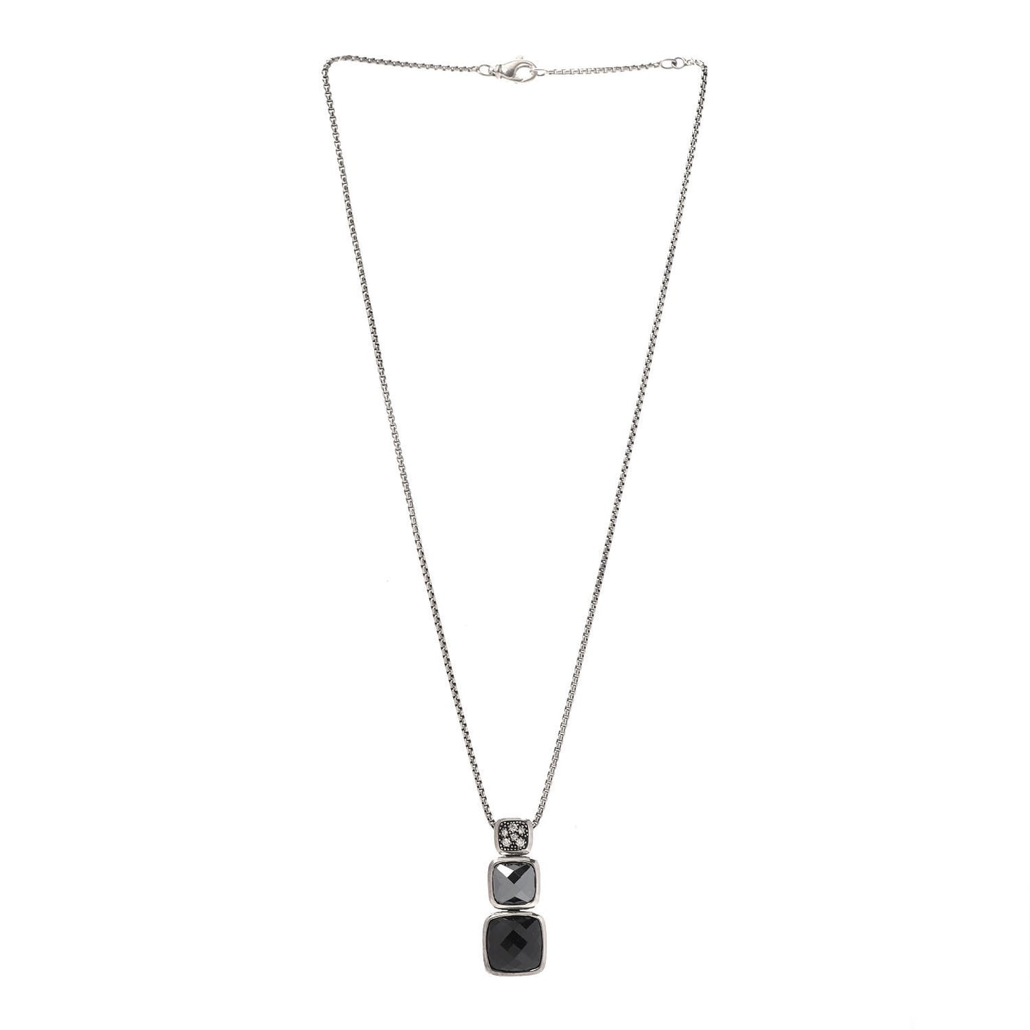 Sterling Silver Diamond Hematine Onyx Chiclet Drop Necklace