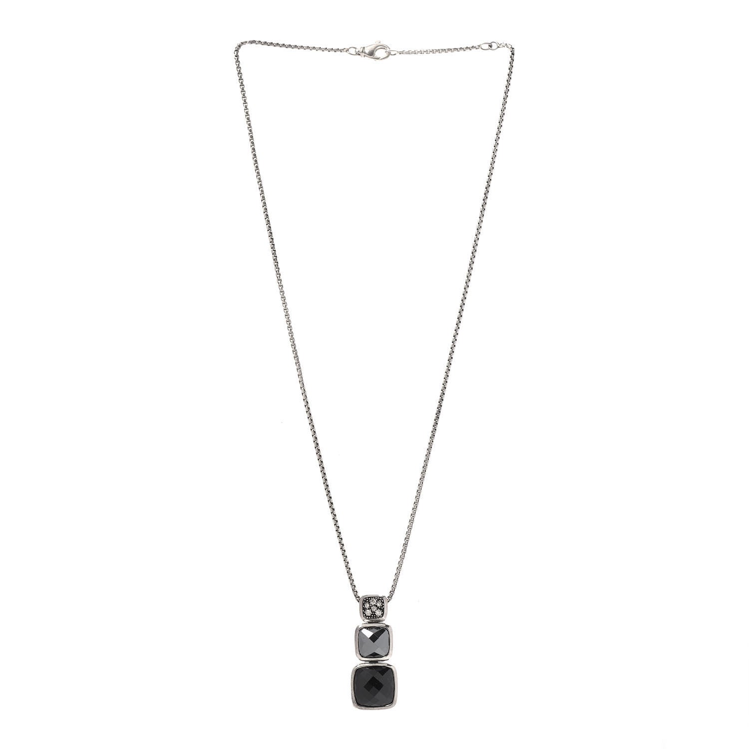 David Yurman Sterling Silver Diamond Hematine Onyx Chiclet Drop Necklace 3 of 5