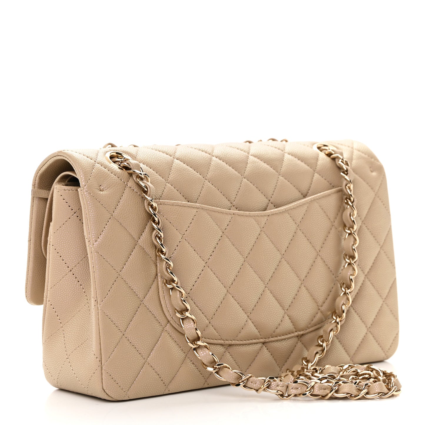 Iridescent Caviar Quilted Medium Double Flap Dark Beige