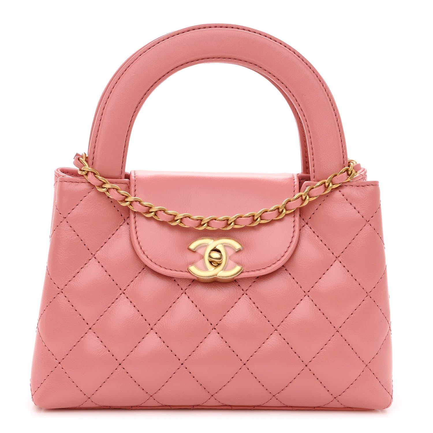 front view image of a CHANEL Shiny Aged Calfskin Quilted Nano Kelly Shopper in the color Coral Pink by FASHIONPHILE
