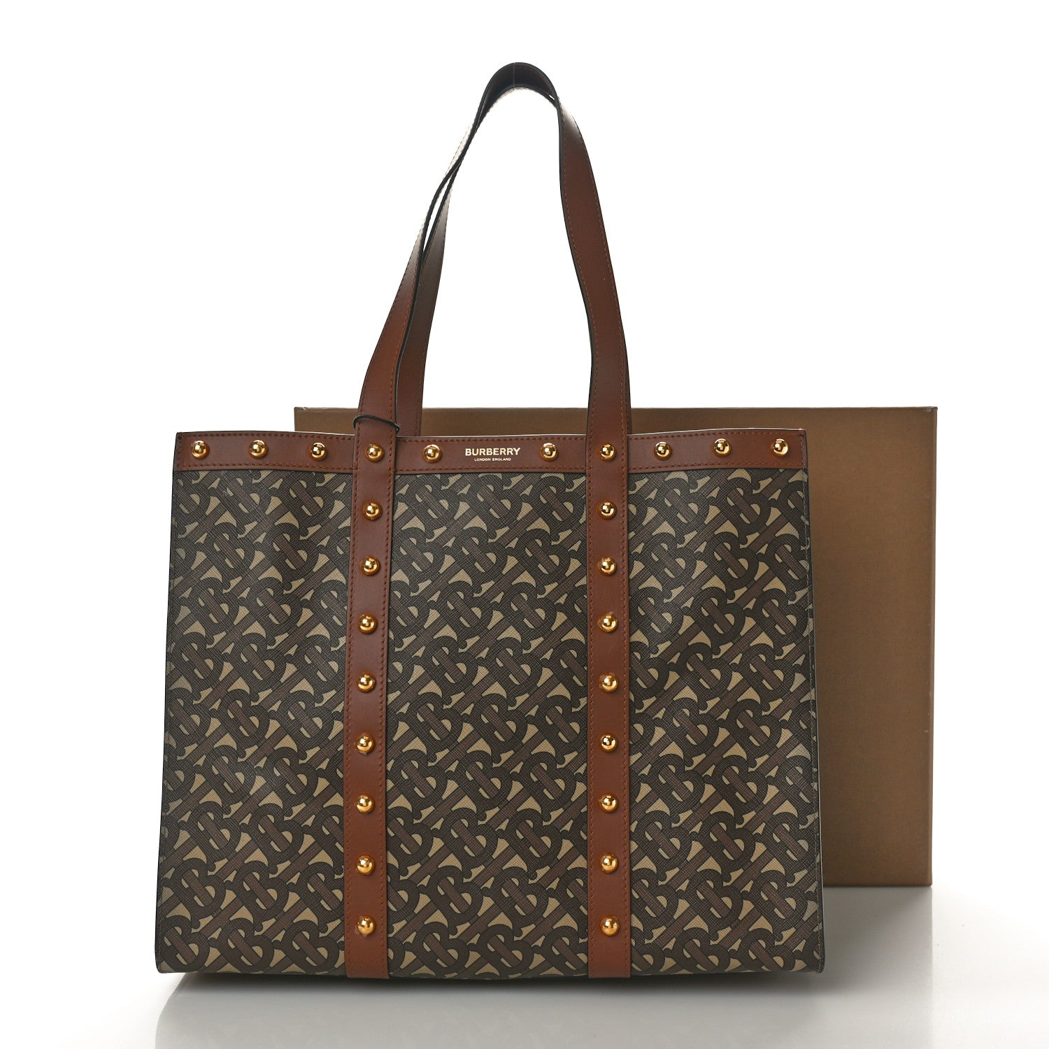 Burberry E-Canvas Monogram Studded Small Book Tote Tan Tan 10 of 10