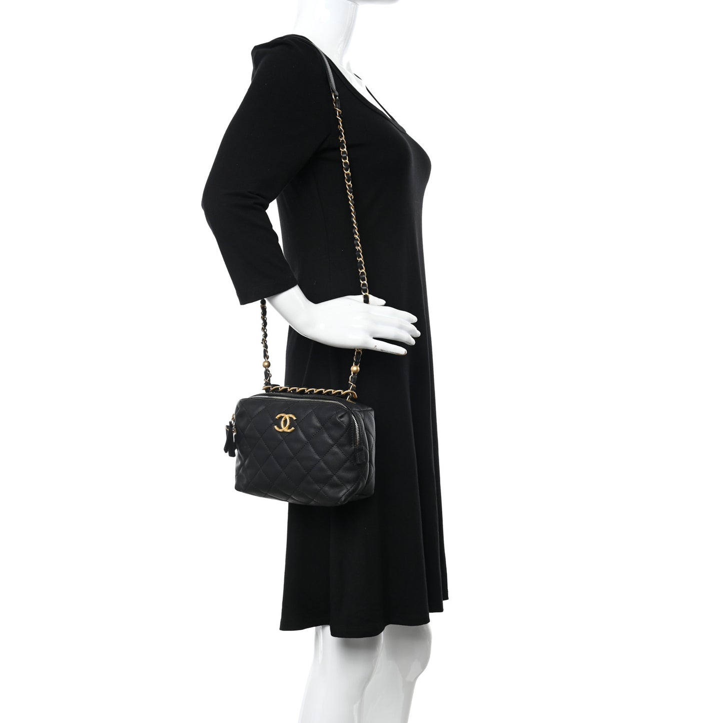 Calfskin Quilted Mini Bowling Bag Black