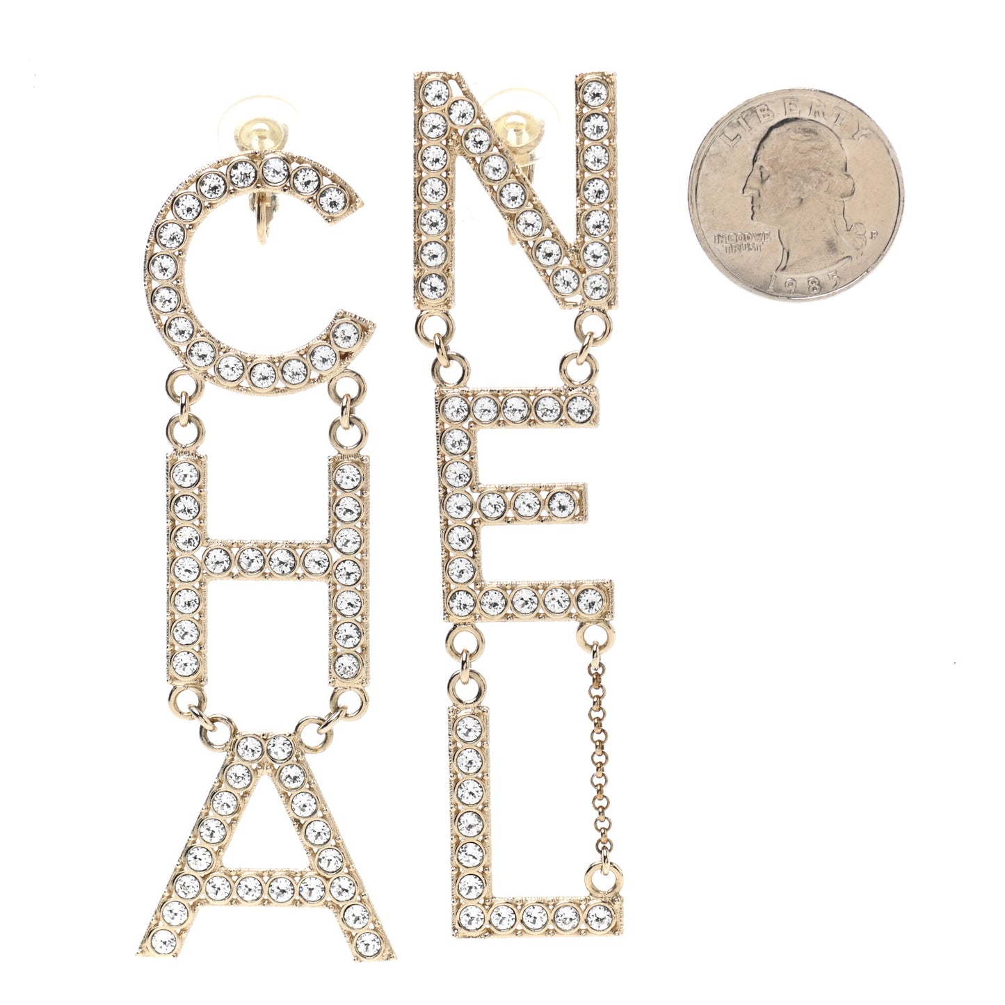 Crystal Cha-Nel Logo Drop Clip On Earrings Gold