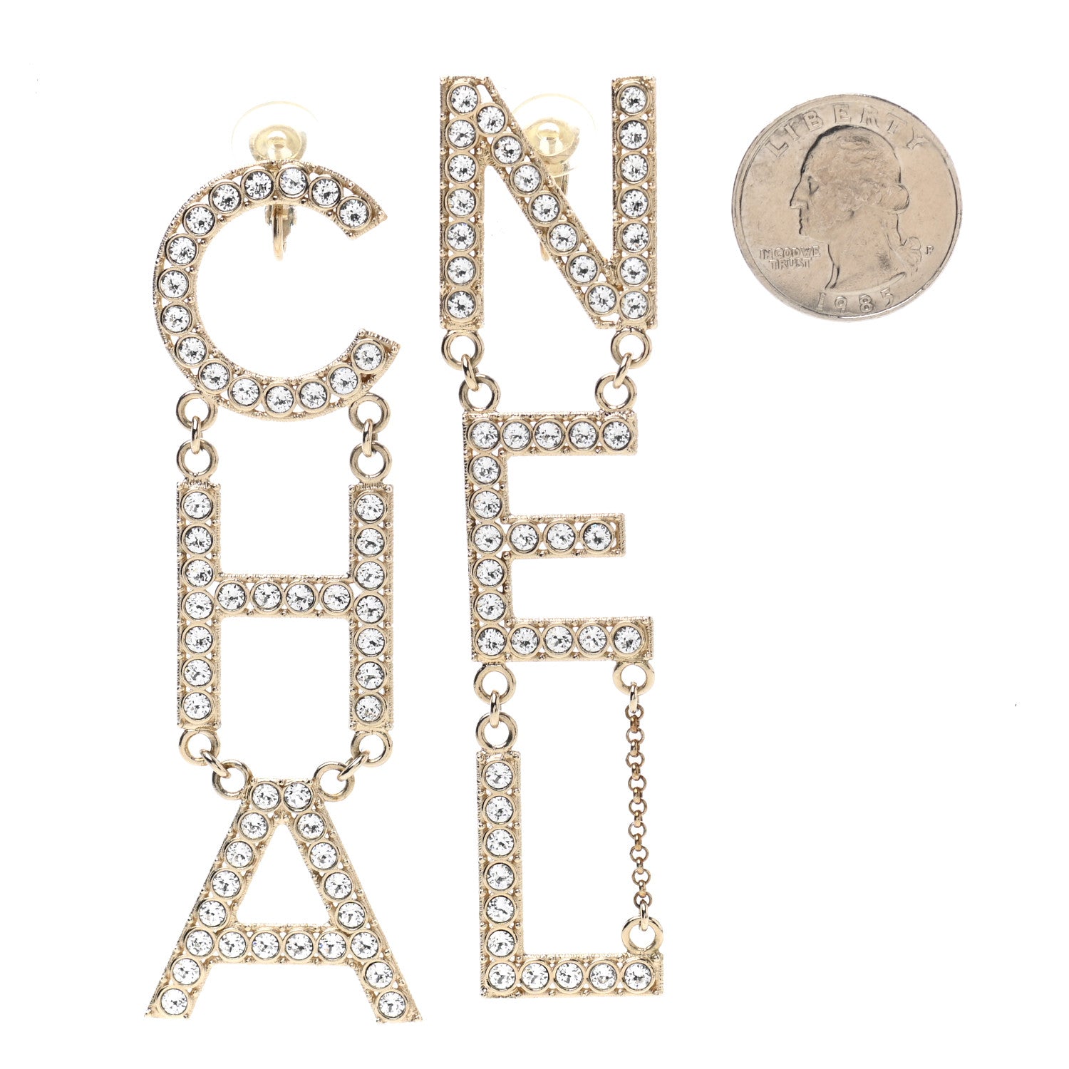 Chanel Crystal Cha-Nel Logo Drop Clip On Earrings Gold 2 of 4