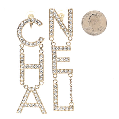 Chanel Crystal Cha-Nel Logo Drop Clip On Earrings Gold 2 of 4