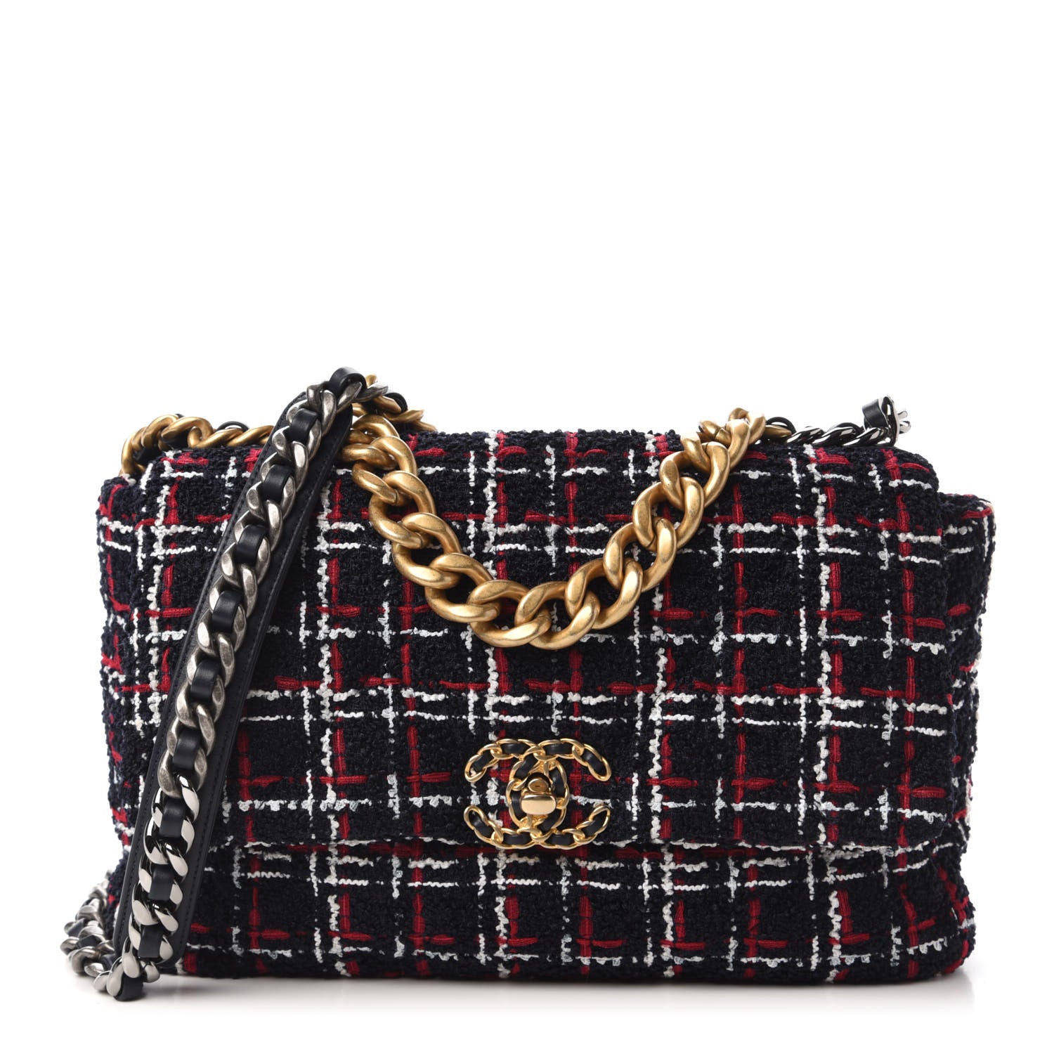 Chanel Tweed Quilted Large Chanel 19 Flap Navy Blue White Red 1 of 10