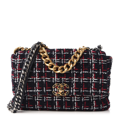 Chanel Tweed Quilted Large Chanel 19 Flap Navy Blue White Red 1 of 10