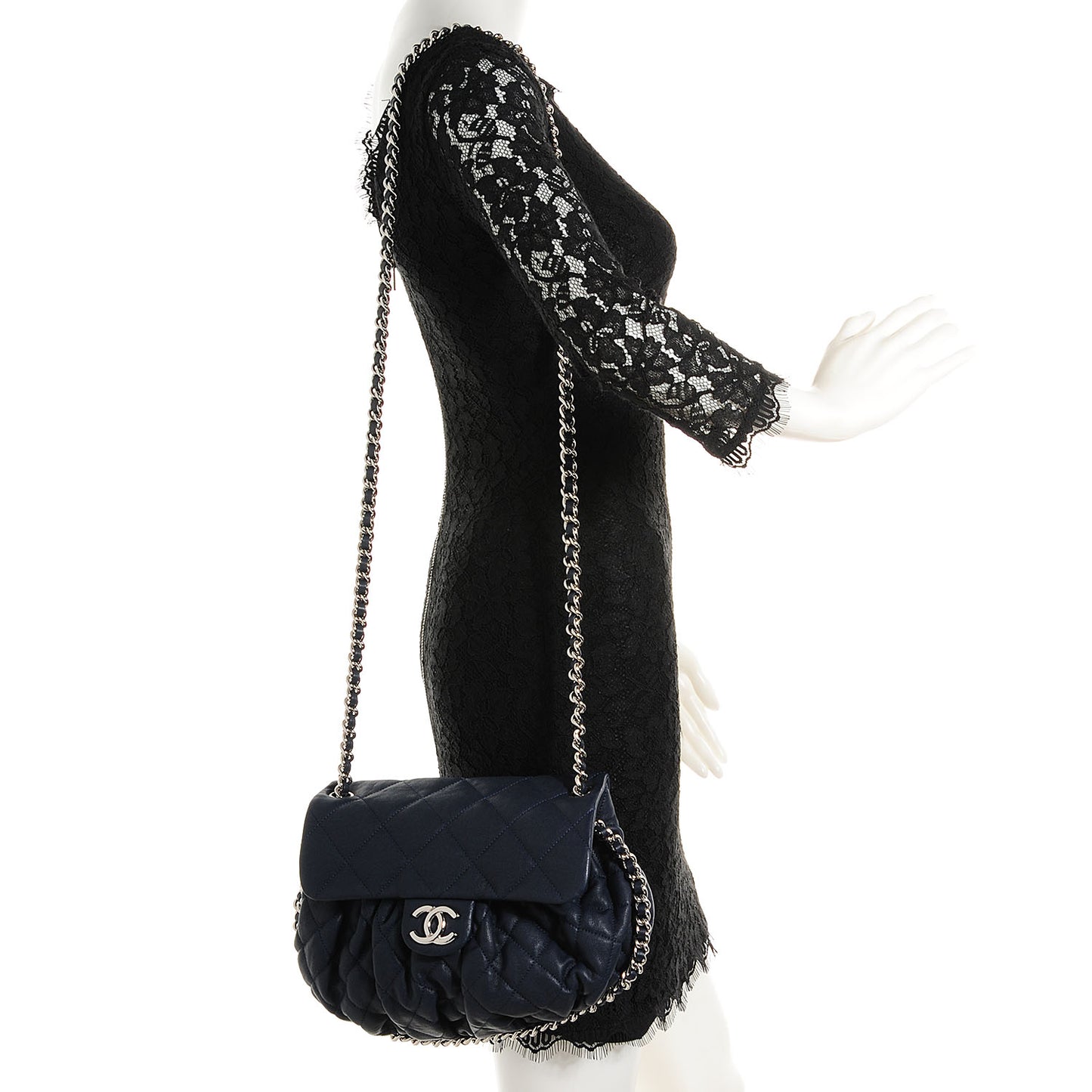 Washed Lambskin Chain Around Medium Messenger Bag Navy Blue